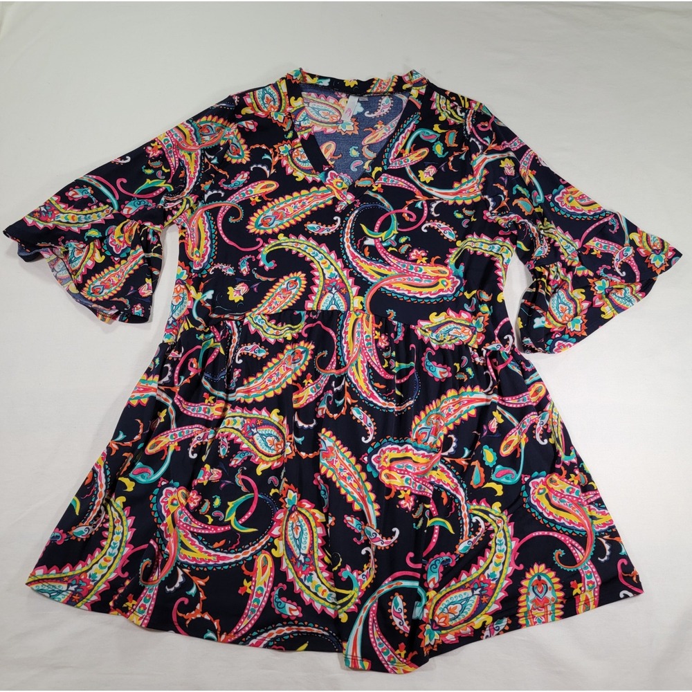 Paisley V-Neck Bell Sleeve Babydoll Tunic Top 1XL Multi-Color Style 1019T
